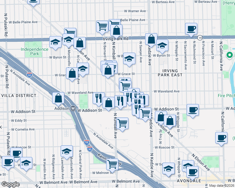 map of restaurants, bars, coffee shops, grocery stores, and more near 3631 North Kimball Avenue in Chicago