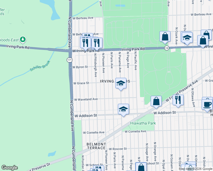map of restaurants, bars, coffee shops, grocery stores, and more near 3724 North Paris Avenue in Chicago