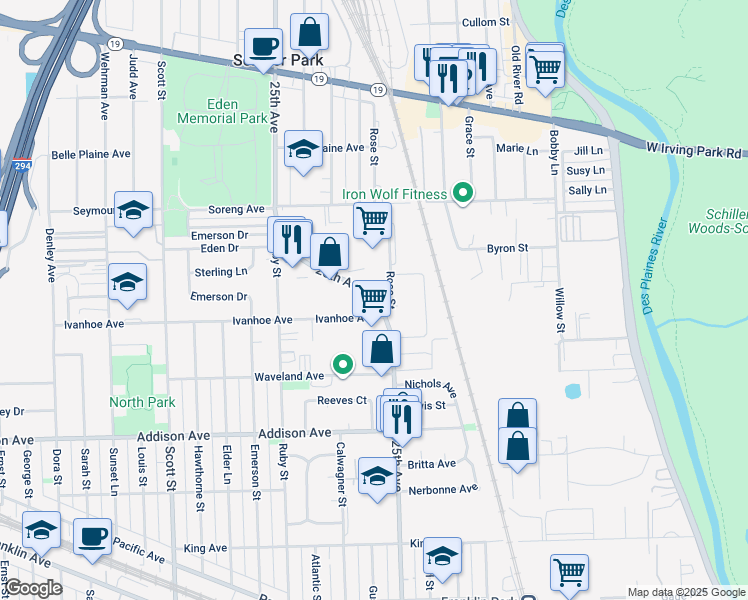 map of restaurants, bars, coffee shops, grocery stores, and more near 3720 Rose Street in Schiller Park