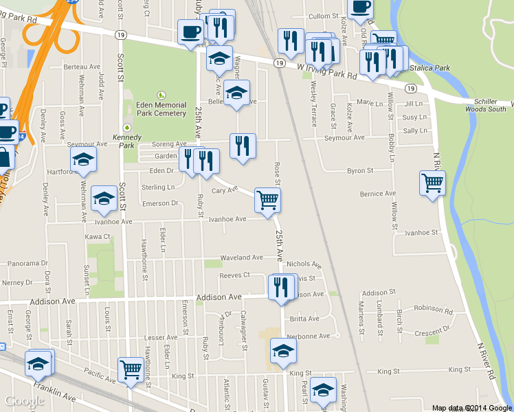 map of restaurants, bars, coffee shops, grocery stores, and more near 3720 Rose Street in Schiller Park