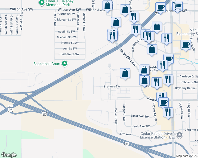 map of restaurants, bars, coffee shops, grocery stores, and more near 4131 31st Avenue Southwest in Cedar Rapids