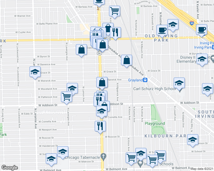map of restaurants, bars, coffee shops, grocery stores, and more near 4722 West Patterson Avenue in Chicago