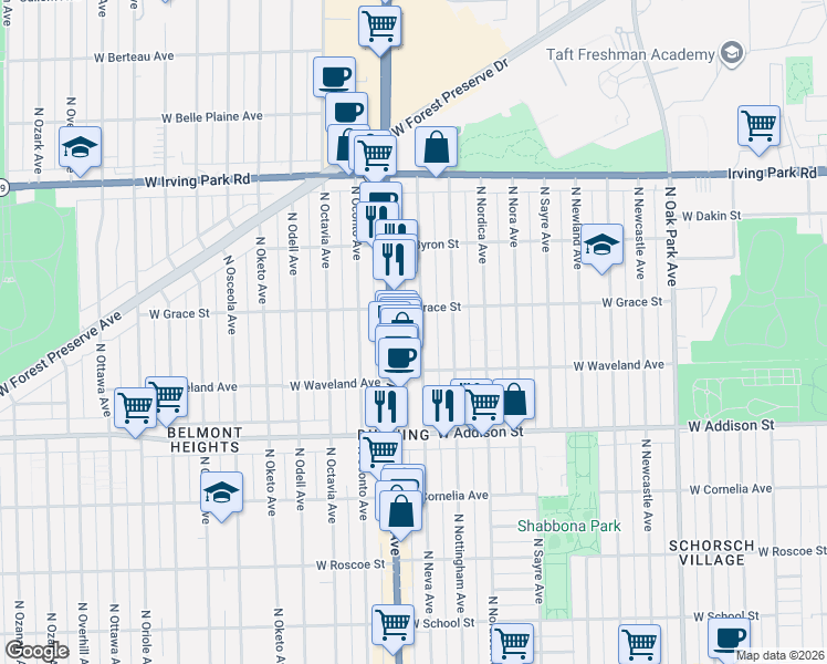 map of restaurants, bars, coffee shops, grocery stores, and more near 3709 North Neva Avenue in Chicago