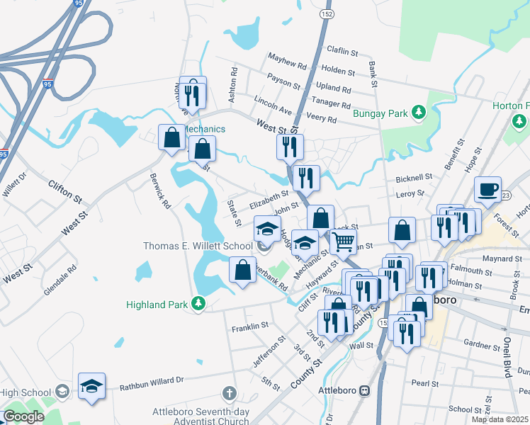 map of restaurants, bars, coffee shops, grocery stores, and more near 25 John Street in Attleboro