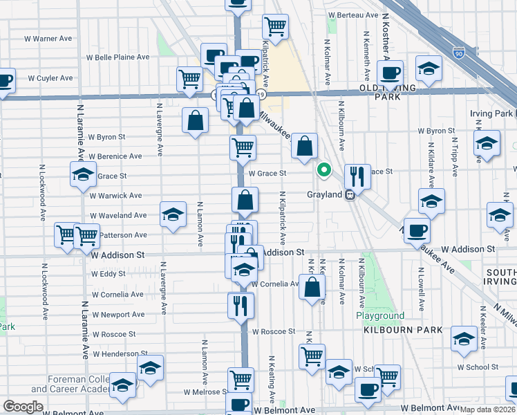 map of restaurants, bars, coffee shops, grocery stores, and more near 4722 West Patterson Avenue in Chicago