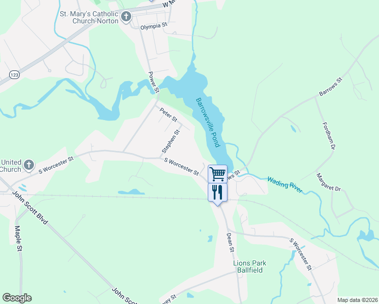 map of restaurants, bars, coffee shops, grocery stores, and more near 168 South Worcester Street in Taunton