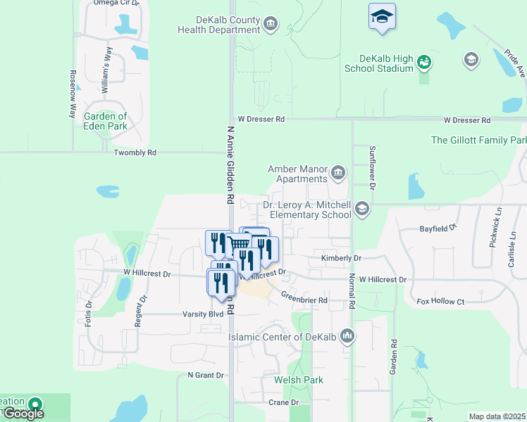 map of restaurants, bars, coffee shops, grocery stores, and more near 1030 Ridge Drive in DeKalb