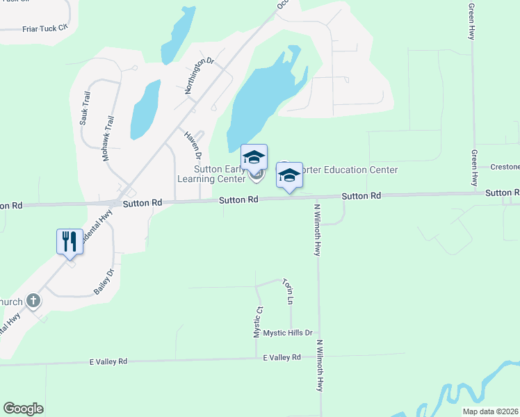 map of restaurants, bars, coffee shops, grocery stores, and more near 2829 Sutton Road in Adrian