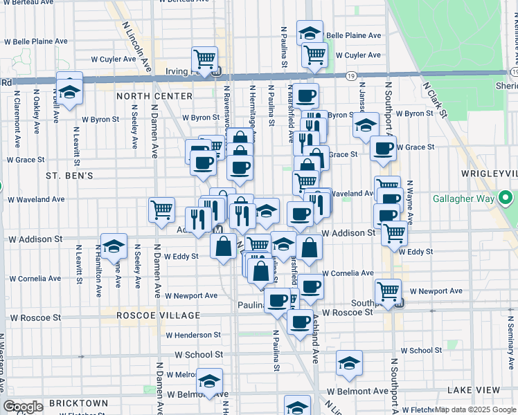 map of restaurants, bars, coffee shops, grocery stores, and more near 3643 North Hermitage Avenue in Chicago