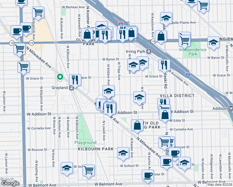 map of restaurants, bars, coffee shops, grocery stores, and more near 3700 North Tripp Avenue in Chicago