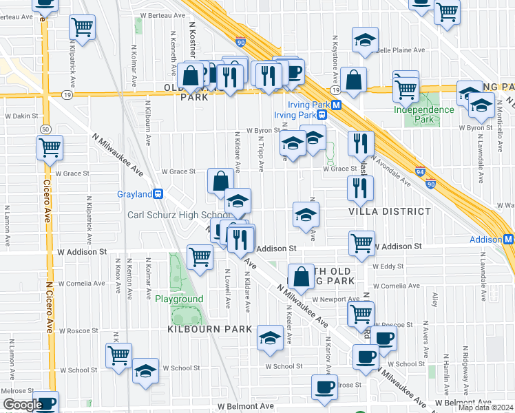 map of restaurants, bars, coffee shops, grocery stores, and more near 3700 North Tripp Avenue in Chicago