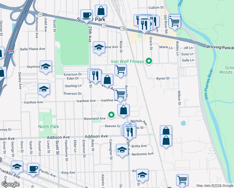 map of restaurants, bars, coffee shops, grocery stores, and more near 3820 25th Avenue in Schiller Park