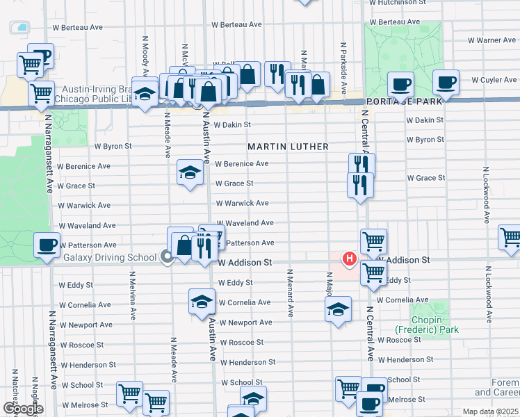 map of restaurants, bars, coffee shops, grocery stores, and more near 5858 West Warwick Avenue in Chicago