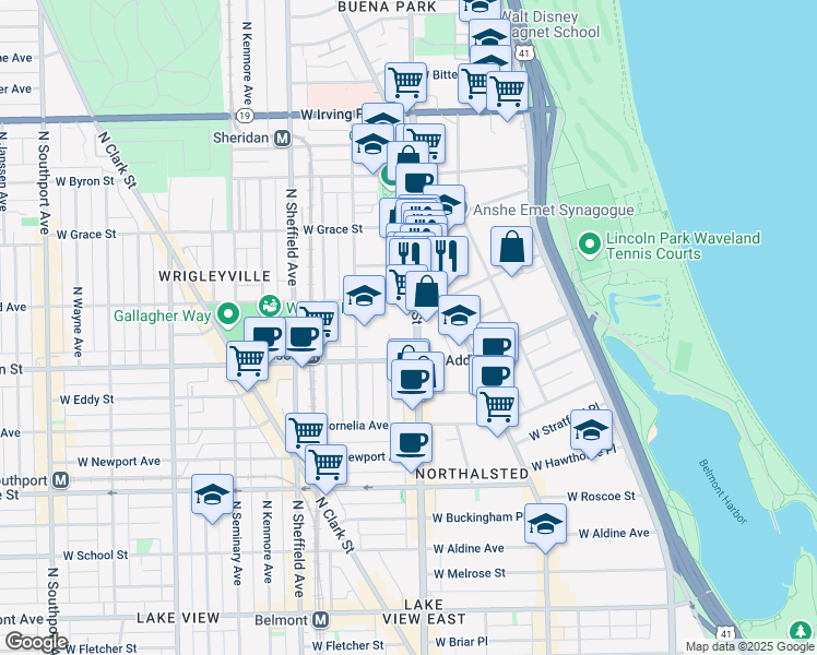 map of restaurants, bars, coffee shops, grocery stores, and more near 3640 North Halsted Street in Chicago