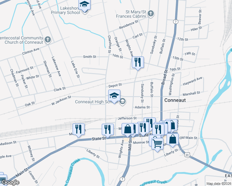 map of restaurants, bars, coffee shops, grocery stores, and more near 429 Depot Street in Conneaut