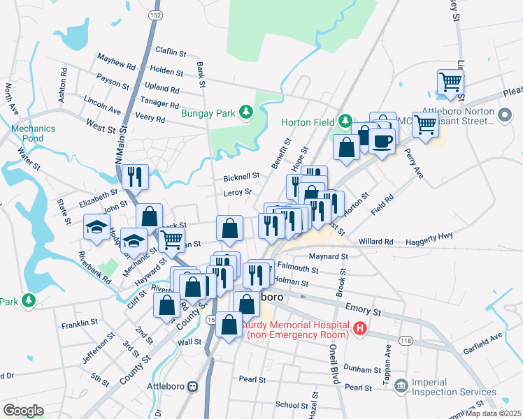 map of restaurants, bars, coffee shops, grocery stores, and more near 32 Leroy Street in Attleboro