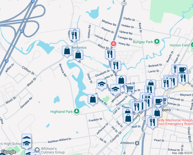 map of restaurants, bars, coffee shops, grocery stores, and more near 12 Water Street in Attleboro