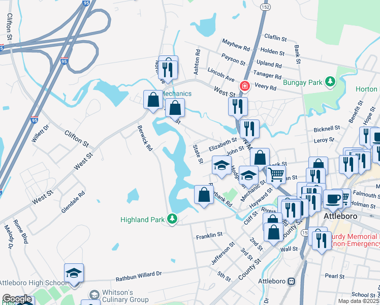 map of restaurants, bars, coffee shops, grocery stores, and more near 23 Milk Street in Attleboro