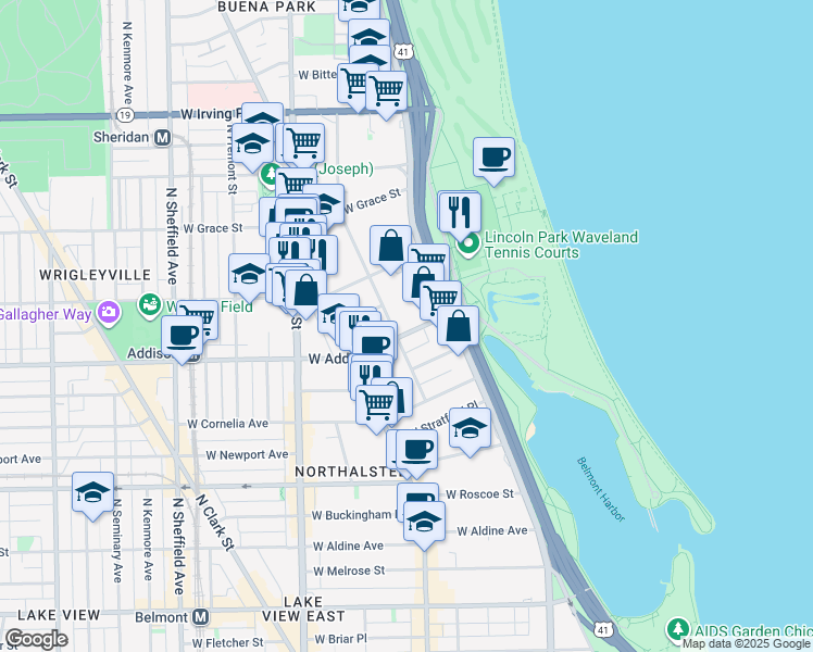 map of restaurants, bars, coffee shops, grocery stores, and more near 520 West Addison Street in Chicago