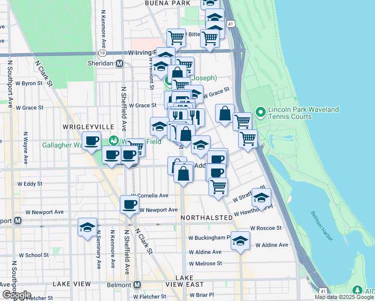 map of restaurants, bars, coffee shops, grocery stores, and more near 3659 North Halsted Street in Chicago