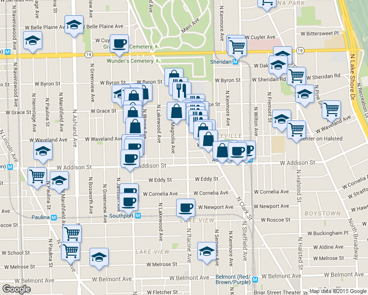 map of restaurants, bars, coffee shops, grocery stores, and more near 1216 West Waveland Avenue in Chicago