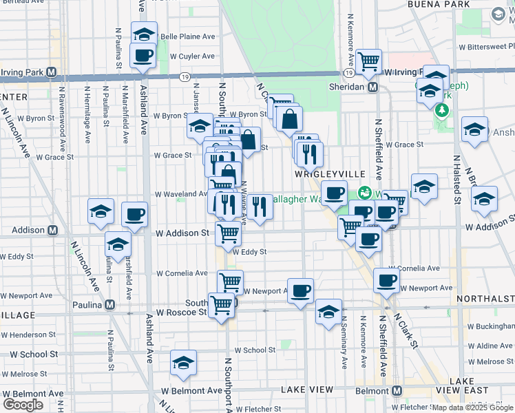 map of restaurants, bars, coffee shops, grocery stores, and more near 1250 West Waveland Avenue in Chicago