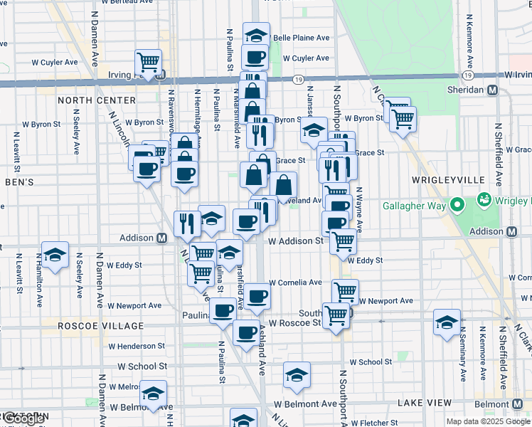 map of restaurants, bars, coffee shops, grocery stores, and more near 1600 West Waveland Avenue in Chicago