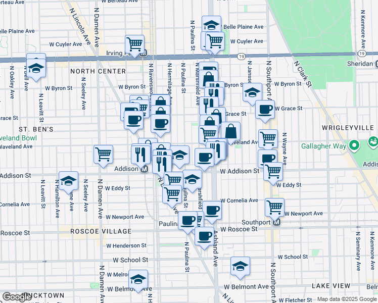 map of restaurants, bars, coffee shops, grocery stores, and more near 3704 North Marshfield Avenue in Chicago