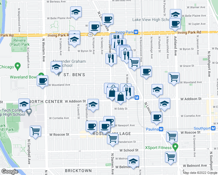 map of restaurants, bars, coffee shops, grocery stores, and more near 2020 West Waveland Avenue in Chicago
