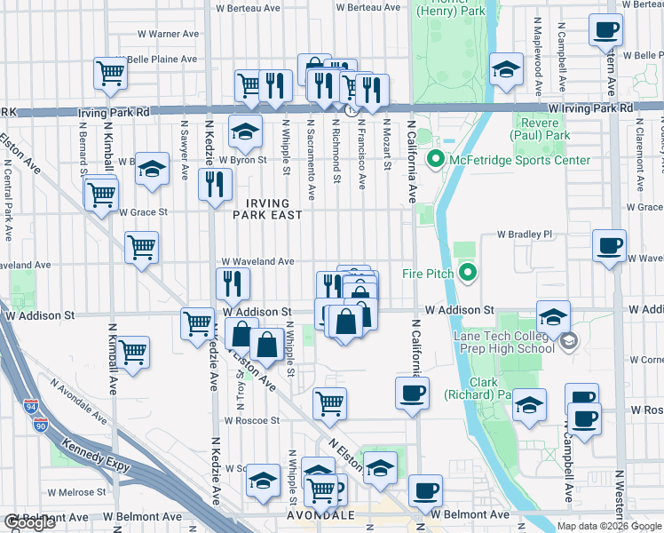 map of restaurants, bars, coffee shops, grocery stores, and more near 3712 North Richmond Street in Chicago