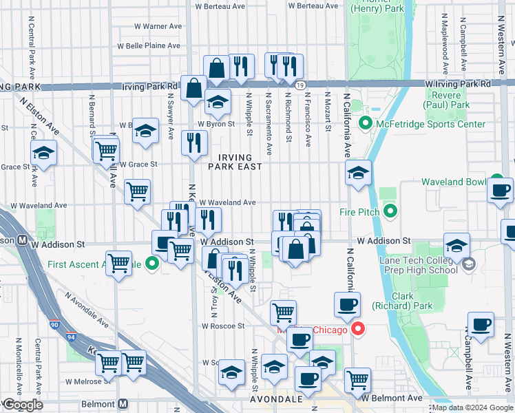 map of restaurants, bars, coffee shops, grocery stores, and more near 3712 North Sacramento Avenue in Chicago