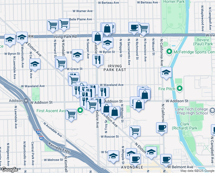 map of restaurants, bars, coffee shops, grocery stores, and more near 3715 North Troy Street in Chicago