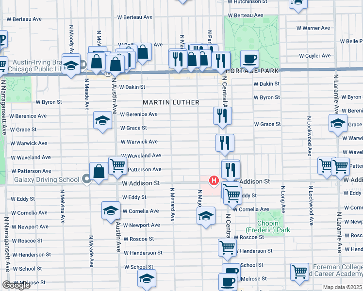 map of restaurants, bars, coffee shops, grocery stores, and more near 5740 West Warwick Avenue in Chicago