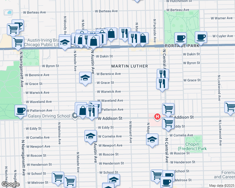 map of restaurants, bars, coffee shops, grocery stores, and more near 5858 West Warwick Avenue in Chicago