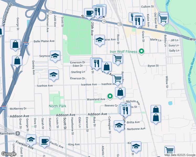 map of restaurants, bars, coffee shops, grocery stores, and more near 3906 25th Avenue in Schiller Park