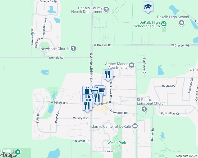 map of restaurants, bars, coffee shops, grocery stores, and more near 1053 Ridge Drive in DeKalb