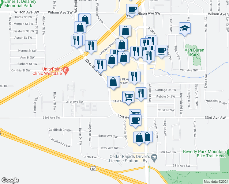 map of restaurants, bars, coffee shops, grocery stores, and more near 3601-3699 29th Avenue Southwest in Cedar Rapids