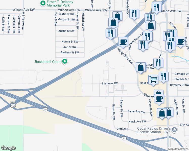 map of restaurants, bars, coffee shops, grocery stores, and more near Breyer Street Southwest in Cedar Rapids