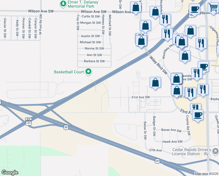 map of restaurants, bars, coffee shops, grocery stores, and more near 5001-5049 Williams Boulevard Southwest in Cedar Rapids