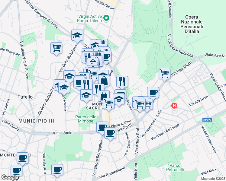 map of restaurants, bars, coffee shops, grocery stores, and more near 64 Via Dino Frescobaldi in Roma