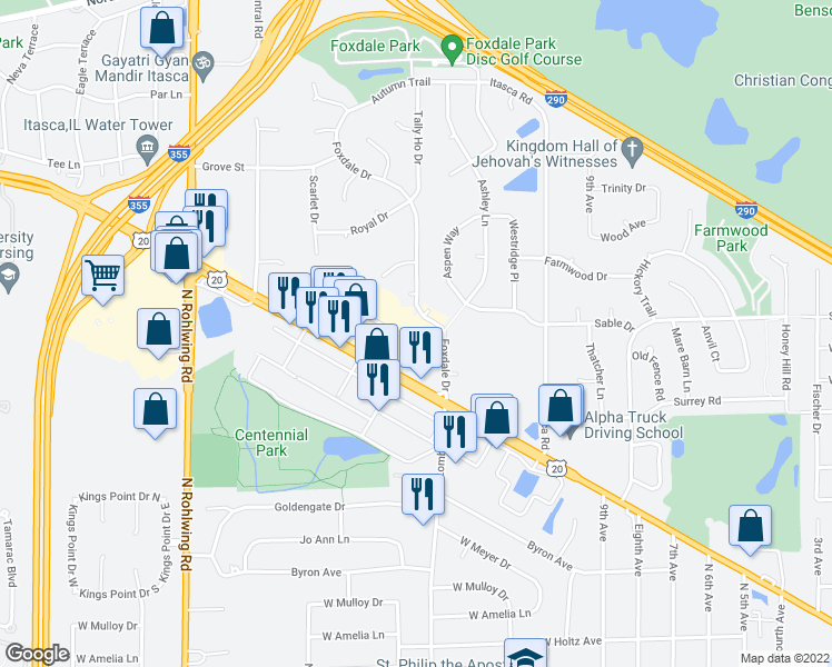map of restaurants, bars, coffee shops, grocery stores, and more near 1225 Foxdale Drive in Addison