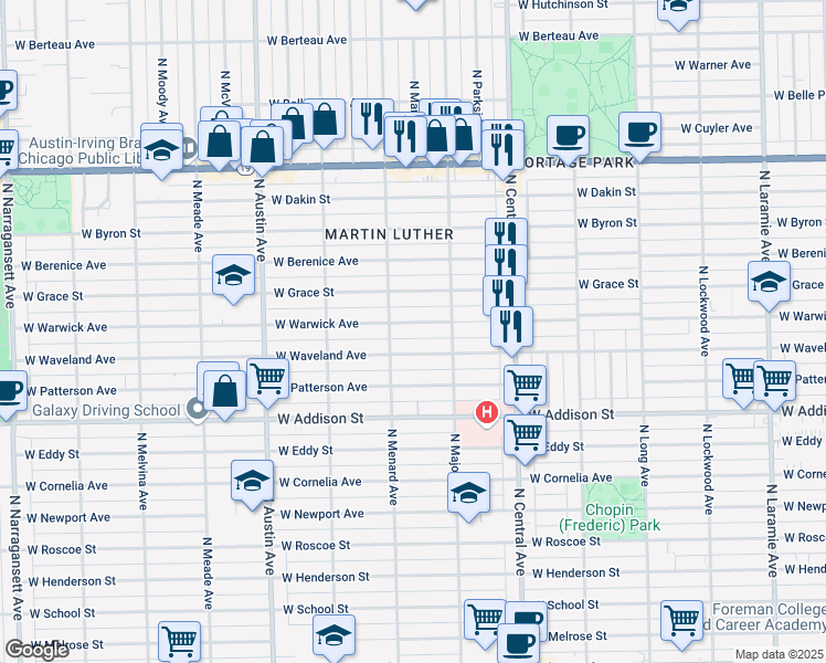 map of restaurants, bars, coffee shops, grocery stores, and more near 5740 West Warwick Avenue in Chicago
