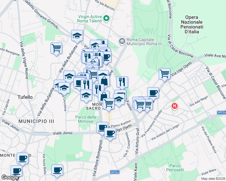 map of restaurants, bars, coffee shops, grocery stores, and more near 64 Via Dino Frescobaldi in Roma