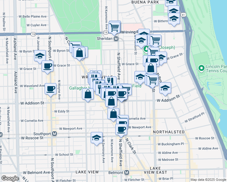 map of restaurants, bars, coffee shops, grocery stores, and more near 1060 West Addison Street in Chicago