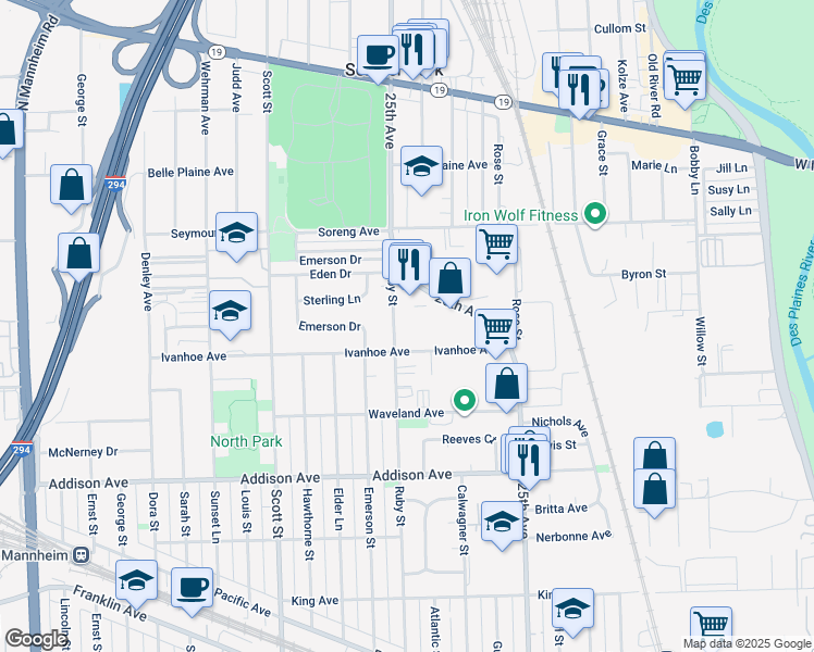 map of restaurants, bars, coffee shops, grocery stores, and more near 3831 Ruby Street in Schiller Park