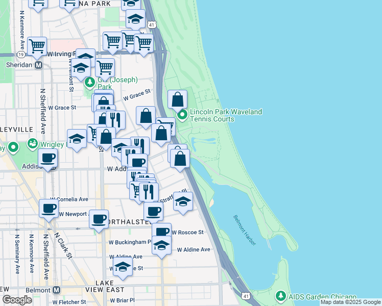 map of restaurants, bars, coffee shops, grocery stores, and more near West Belmont Harbor Drive in Chicago