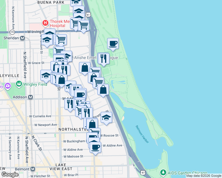 map of restaurants, bars, coffee shops, grocery stores, and more near West Belmont Harbor Drive in Chicago