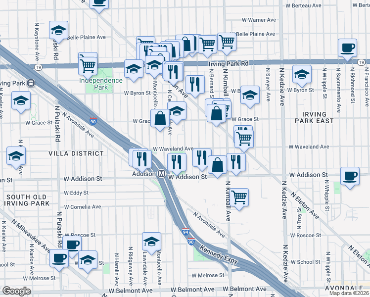map of restaurants, bars, coffee shops, grocery stores, and more near West Waveland Avenue & North Drake Avenue in Chicago