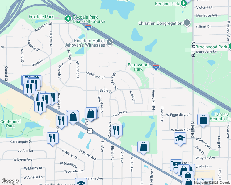 map of restaurants, bars, coffee shops, grocery stores, and more near 1205 Hickory Trail in Addison