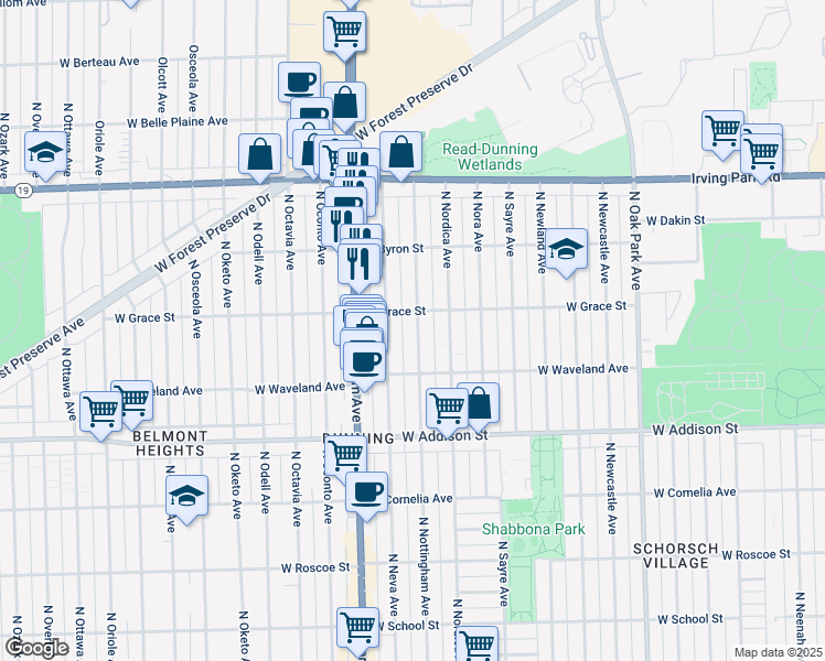 map of restaurants, bars, coffee shops, grocery stores, and more near 3742 North Nottingham Avenue in Chicago